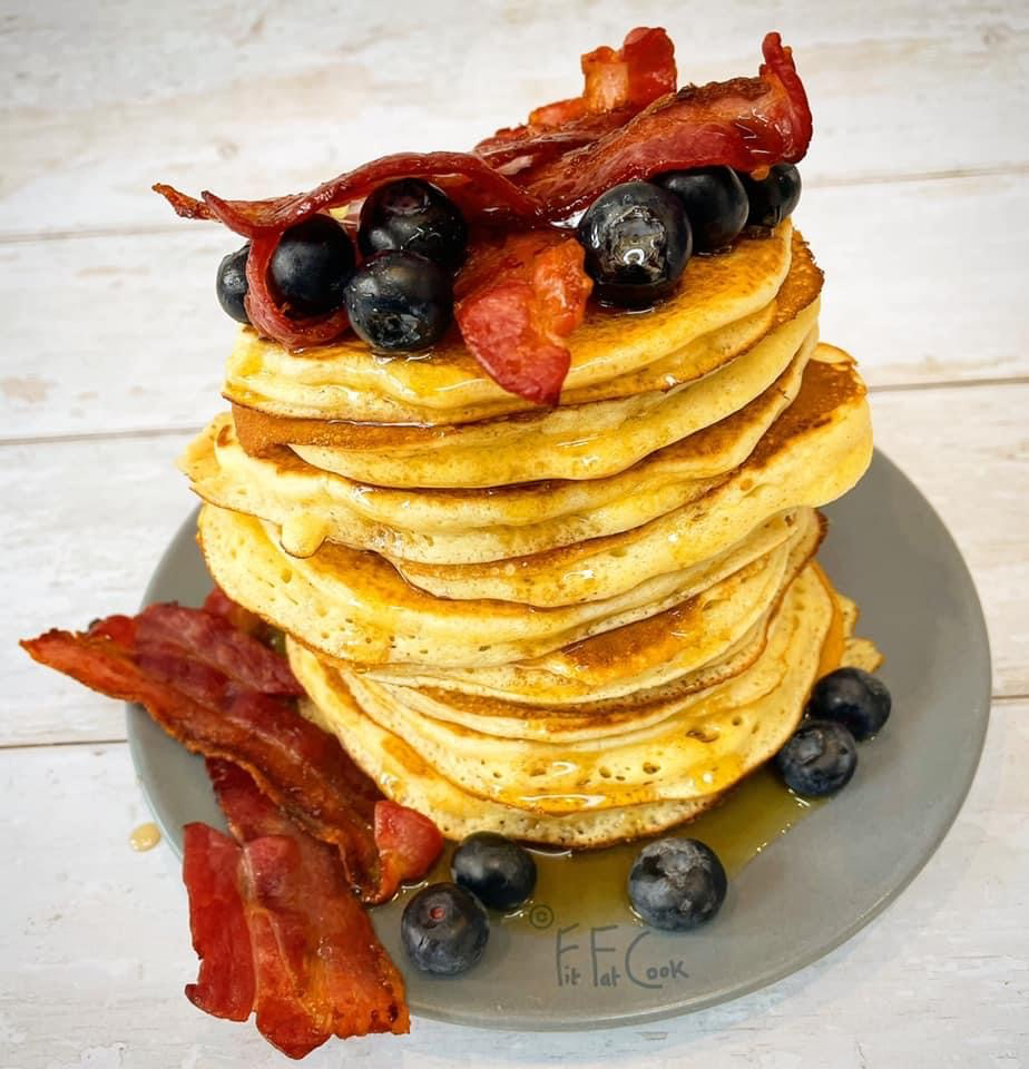 Protein pancakes or Regular pancakes (you choose) with bacon and maple syrup
