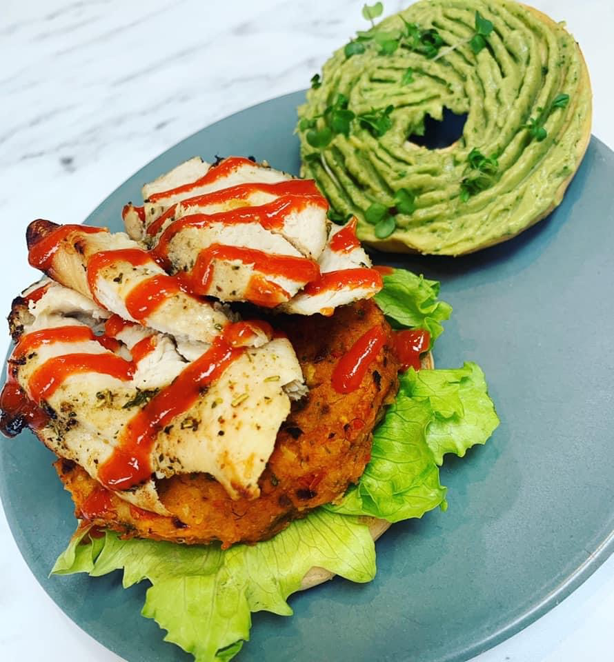 Sweet Pot burgers with chicken and avocado bagel