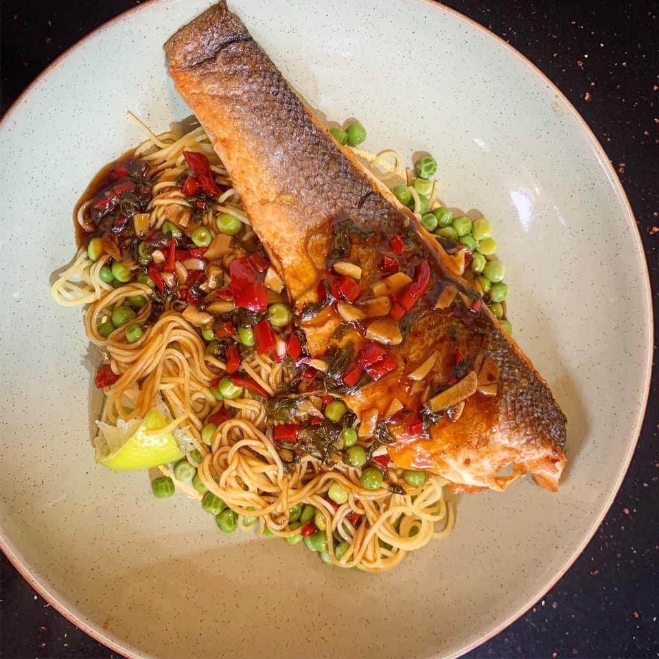 Sea Bass with Noodles, drenched in Lime and Chilli Sauce