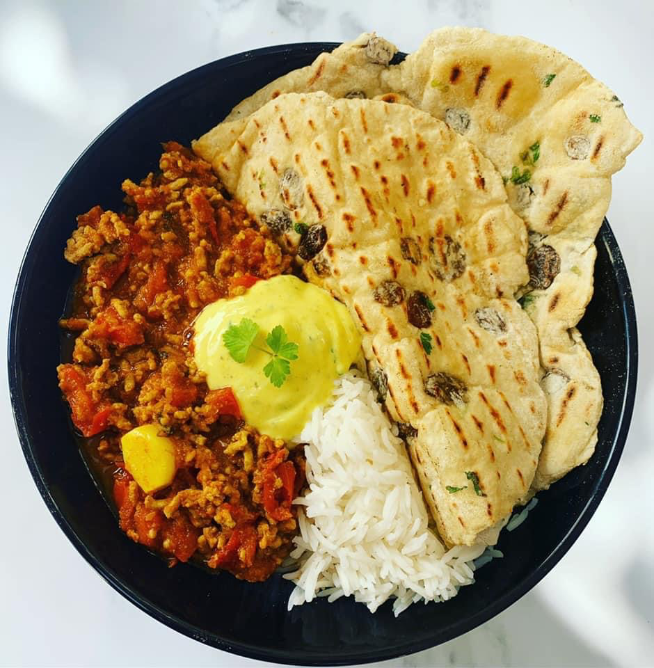 Curried Pork with Sultana Flatbreads, Mint Yoghurt and Rice