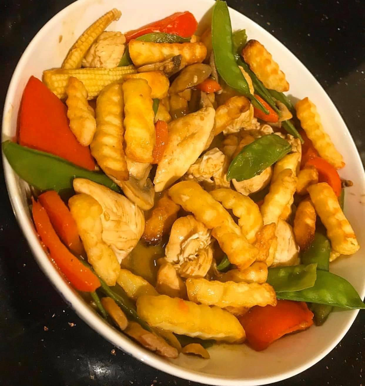 Red Thai chicken curry and chips